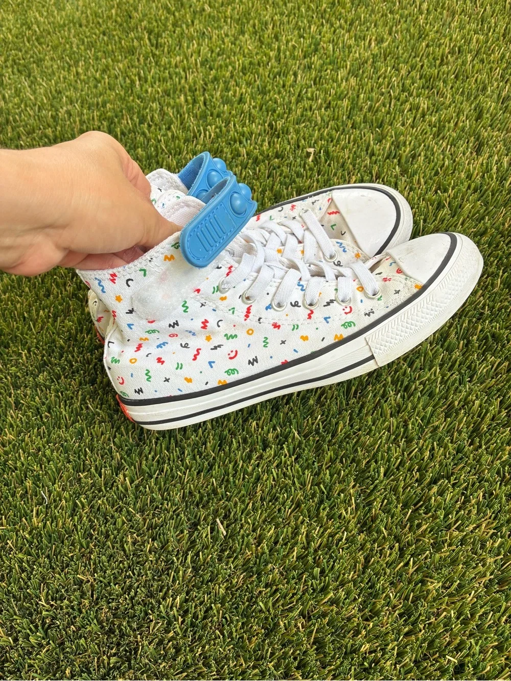 Converse Kids White High-Top Sneakers with Blue Strap and Multicolor Print